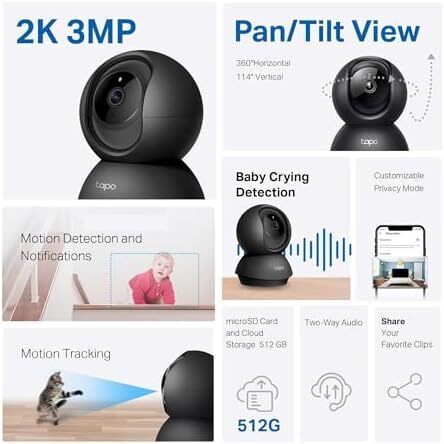 anTilt Indoor Camera House Security Camera, WiFi Camera, No Monthly Fee, AI Detection, Dog Camera, Baby Camera Monitor, CCTV, 360 View, Night Vision, Works with Alexa & Google