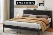 King Size Bed Frame with Wooden Storage Headboard