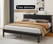 King Size Bed Frame with Wooden Storage Headboard