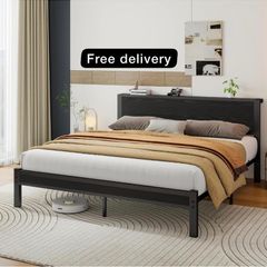 King Size Bed Frame with Wooden Storage Headboard