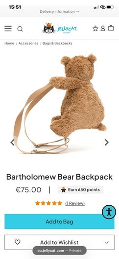 New JELLYCAT Bartholomew Bear Backpack