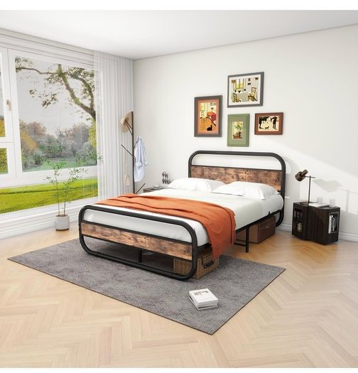 King Size Bed Metal Platform Bed Frame with Wood Headboard