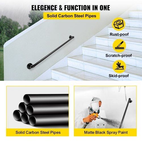 Pipe Stair Handrail, 3FT Staircase Handrail, 440LBS Load Capacity Carbon Steel Pipe Handrail, Industrial Pipe Handrail with Wall Mount Support, Round Corner Wall Handrailings for Indoor, Outdoor (FREE SHIPPING)