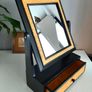 ..PRICE DROP.. Tabletop Mirror with Drawer, Black and Gold Rattan Detail Image 5