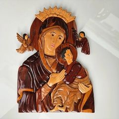 Vintage Handcrafted Wood Intarsia Wall Plaque | Madonna & Child Religious Art Icon