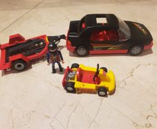 Playmobil racing car, driver, trailer and cart.