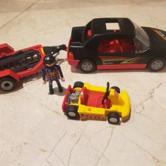Playmobil racing car, driver, trailer and cart.