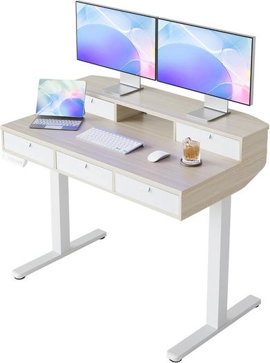 Standing Desk with Fabric Drawers, 100x60cm, Natural