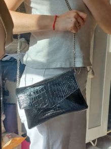 Black Croc Patent Leather Shoulder Bag / Envelope Clutch with Silver Chain
