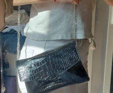 Black Croc Patent Leather Shoulder Bag / Envelope Clutch with Silver Chain