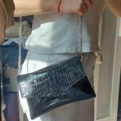 Black Croc Patent Leather Shoulder Bag / Envelope Clutch with Silver Chain