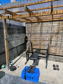 Squat rack + barbell + bumper plates + pull down +