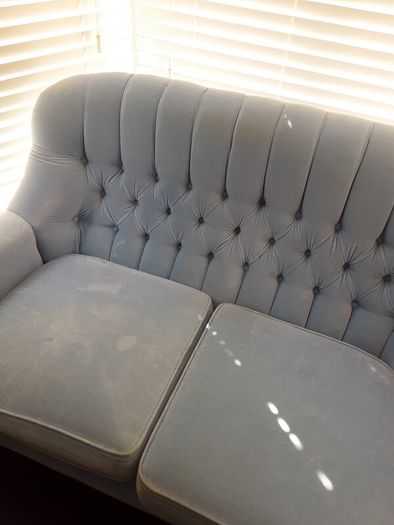 Antique Dutch sofa blue buttoned back with 4 cushions and 2 arm covers