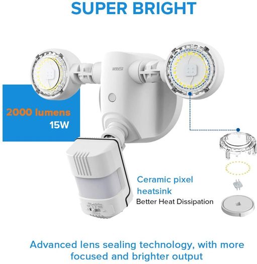 LED Security Motion Sensor Outdoor Flood Lights, 15W 2000lm, 5000K Daylight, Dusk to Dawn Waterproof Flood Light, Waterproof IP65, White