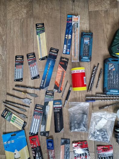 Large collection of drill bits and jigsaw blades
