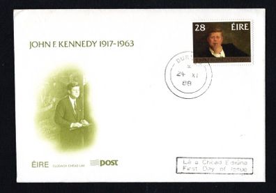 1988 Ireland 25th Death Anniversary of the US President John Fitzgerald Kennedy (JFK) An Post First Day Cover (FDC) with Durlas (Thurles) Steele cancel