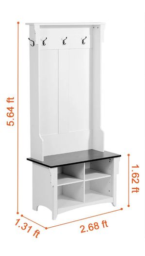 Wooden Hall Tree with Bench and Shoe Storage, White Hall Tree with Coat Rack, Adjustable Shelves and 5 Hanging Hooks