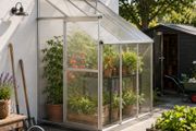 Lean To Aluminium Greenhouse with Base 4.09m3 Wall Garden Greenhouse with Roof Vent and Sliding Door