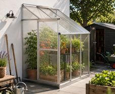 Lean To Aluminium Greenhouse with Base 4.09m3 Wall Garden Greenhouse with Roof Vent and Sliding Door