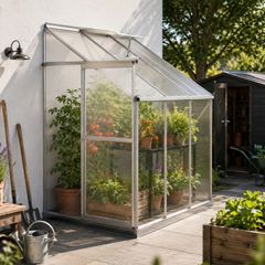 Lean To Aluminium Greenhouse with Base 4.09m3 Wall Garden Greenhouse with Roof Vent and Sliding Door