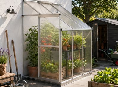 Lean To Aluminium Greenhouse with Base 4.09m3 Wall Garden Greenhouse with Roof Vent and Sliding Door