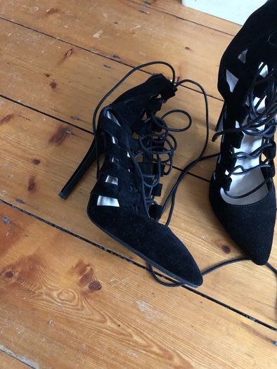 Black suede high heels lace up