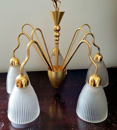 Vintage 60s style brass & glass 5 arm light fitting