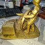 Beautiful Rare Large Heavy Brass Blacksmith Figurine a Wheelwright Scene. It features a Blacksmith Mending a Large Wagon Wheel next to an Anvil, Tools, and a Block, Postage Available, Image 5