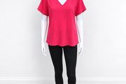Pre Owned Bright Pink Swiss Dot V-Neck Short Sleeve Blouse
