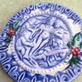 Vintage French Majolica Putti pottery plate, Barbotine, cherubs, musical, musicians, angles, pre loved, hanging, glass glazed, floral, round. --large plate  40.00 euro 27CM. diamter. -- small one 20.00 euro each . 14.5 CM. diamter    all set of 4 for  90. Image 7