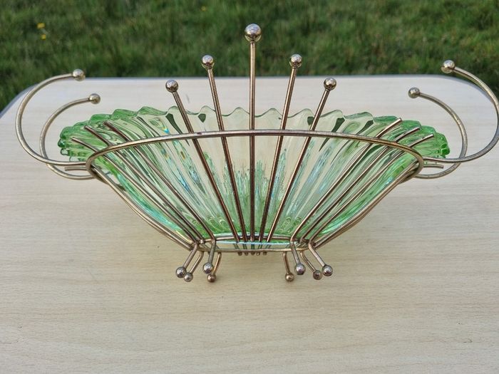 Vintage green uranium glass platter set in a brass frame