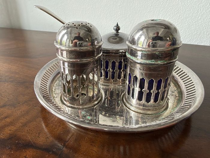 Vintage EPNS Cruet Set with Cobalt Blue Glass
