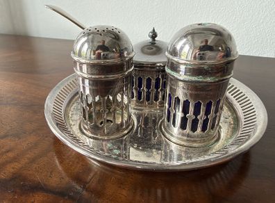 Vintage EPNS Cruet Set with Cobalt Blue Glass