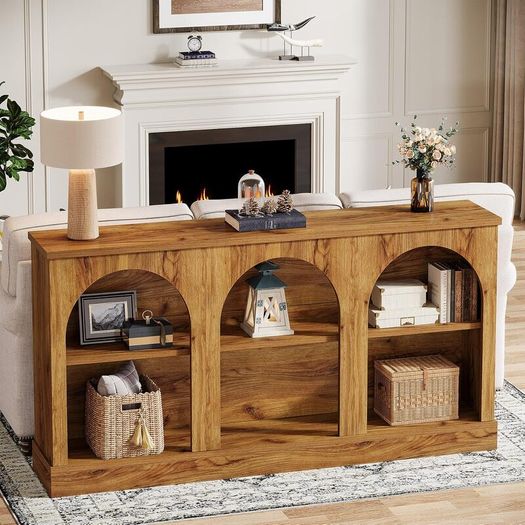 Natural Wood Console Table with Storage 160cm Long Arched Entrance Table | 3 Tier Wooden