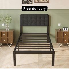 Single Bed Frame 3ft with Upholstered Headboard, 36 cm High