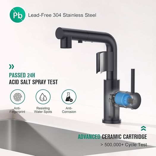 Kitchen Tap with 3 Function Sprayer, Pull Out Kitchen Mixer Tap, 360 Swivel Kitchen Sink Tap, Single Handle Sink Tap for Bathroom or Kitchen, Matt Black