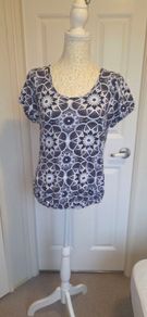 Debenhams Blue White Geometric Floral Print Blouse Top UK 12 Boho Summer