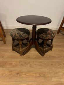 Small wooden bar table & 2 vintage stools