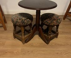 Small wooden bar table & 2 vintage stools