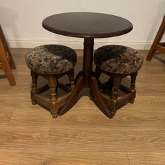 Small wooden bar table & 2 vintage stools