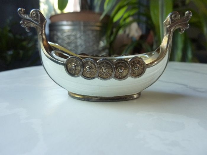 Theodor Olsens Eftf Norway Sterling Enamel Viking Ship Salt Cellar with NM Thune Enamelled Silver Spoon