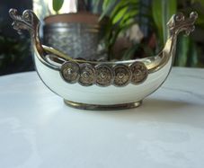 Theodor Olsens Eftf Norway Sterling Enamel Viking Ship Salt Cellar with NM Thune Enamelled Silver Spoon