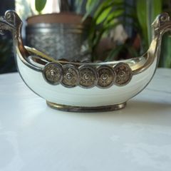 Theodor Olsens Eftf Norway Sterling Enamel Viking Ship Salt Cellar with NM Thune Enamelled Silver Spoon