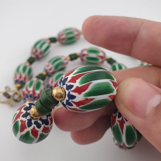 Antique Venetian Style Green Chevron Glass Beads Necklace