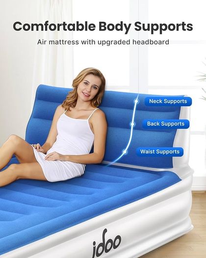 NEW SALE | Air Bed with Headboard, Double Size Inflatable Mattress with Built-in Electric Pump, Comfort Blow Up Bed, Self-inflating Guest Air Mattress