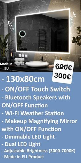 LED Bathroom Mirror Bluetooth Speakers Wi-Fi Weather Station Makeup Cosmetic Dual LED Adjustable Brightness 130x80cm