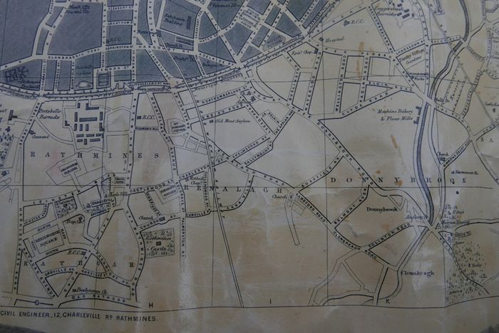Antique DUBLIN. Map of Dublin & Suburbs with 22 vignettes of Dublin landmarks. Published by Edward Heffernan, 1st June, 1868, 12 Charleville Road, Rathmines. 28" x 22,5". Linen backed. Frayed at edges