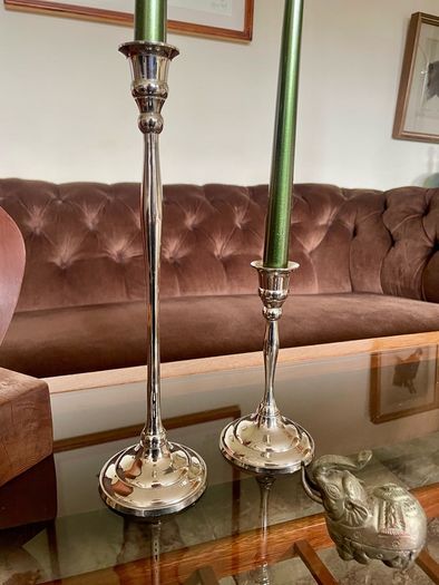 Pair of Slender 19th Century Style Silver Chrome Metal Candlesticks