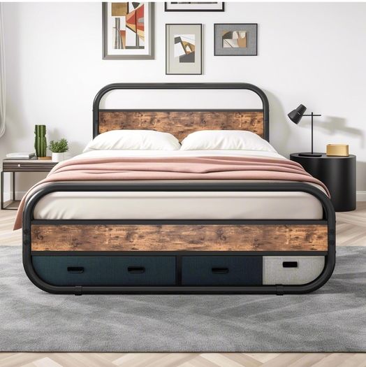 King Size Bed Metal Platform Bed Frame with Wood Headboard