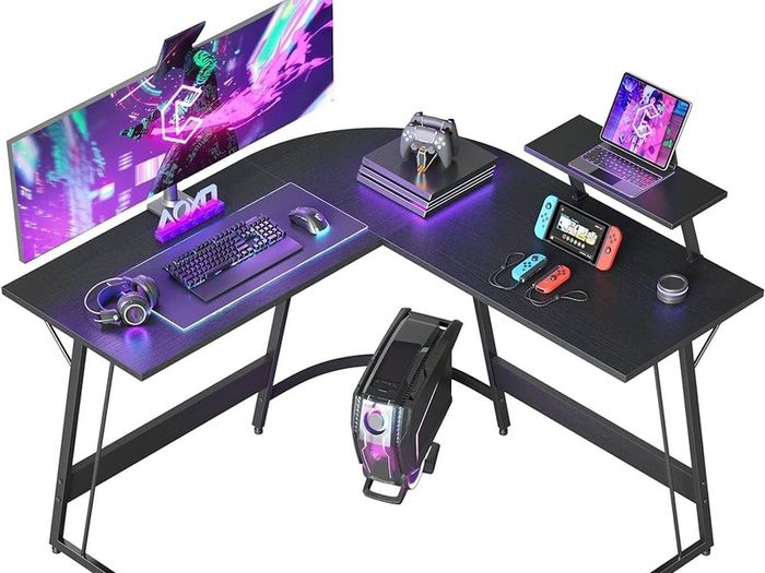 FREE 3 DAY DELIVERY L Shaped Desk, 130 cm Computer Corner Desk, Gaming Desk with Monitor Stand, Home Office Study Writing Workstation, Space-Saving, Black